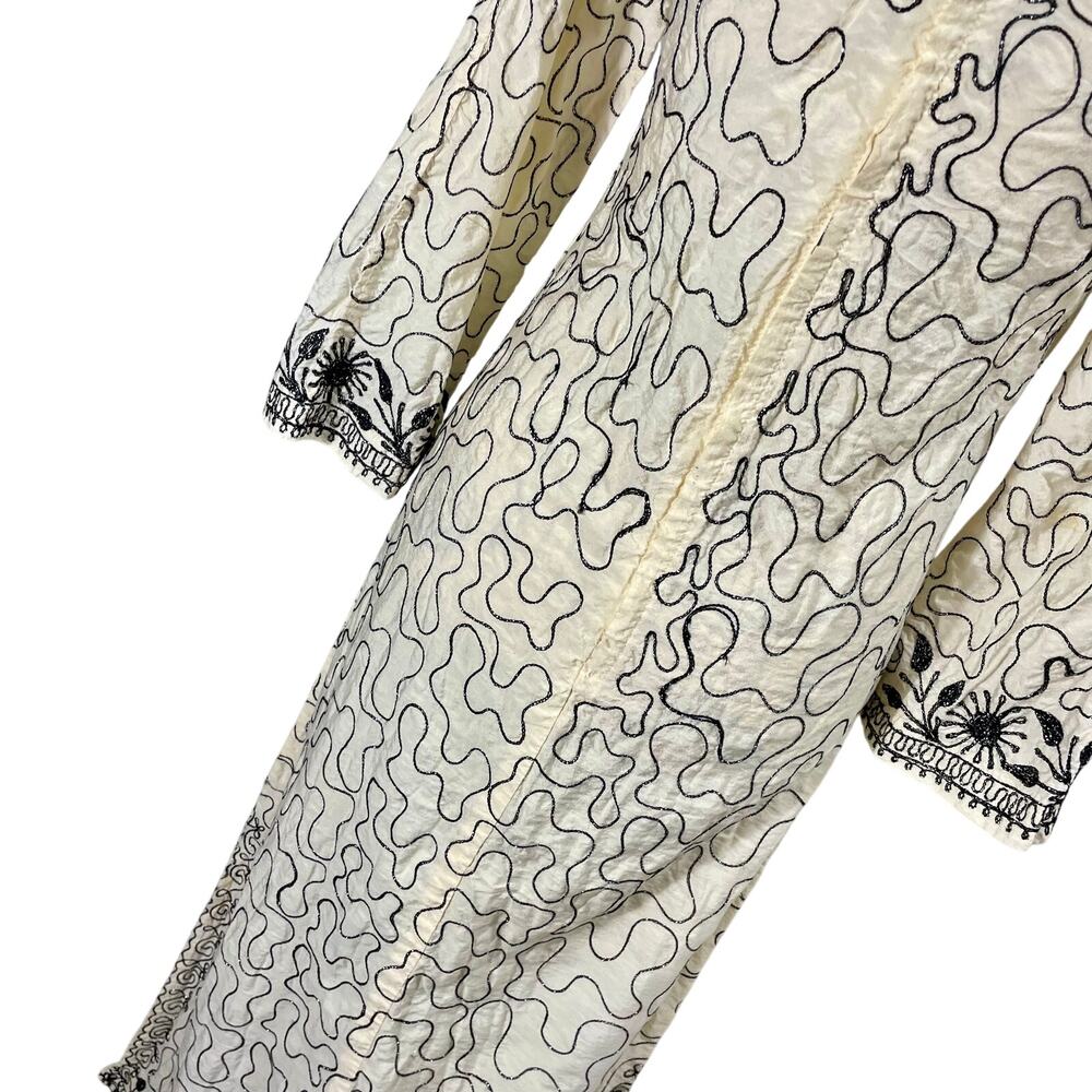 Vintage 70s Kaftan Maxi Dress Cream Black Geometric Embroidered Size Small - Picture 11 of 13